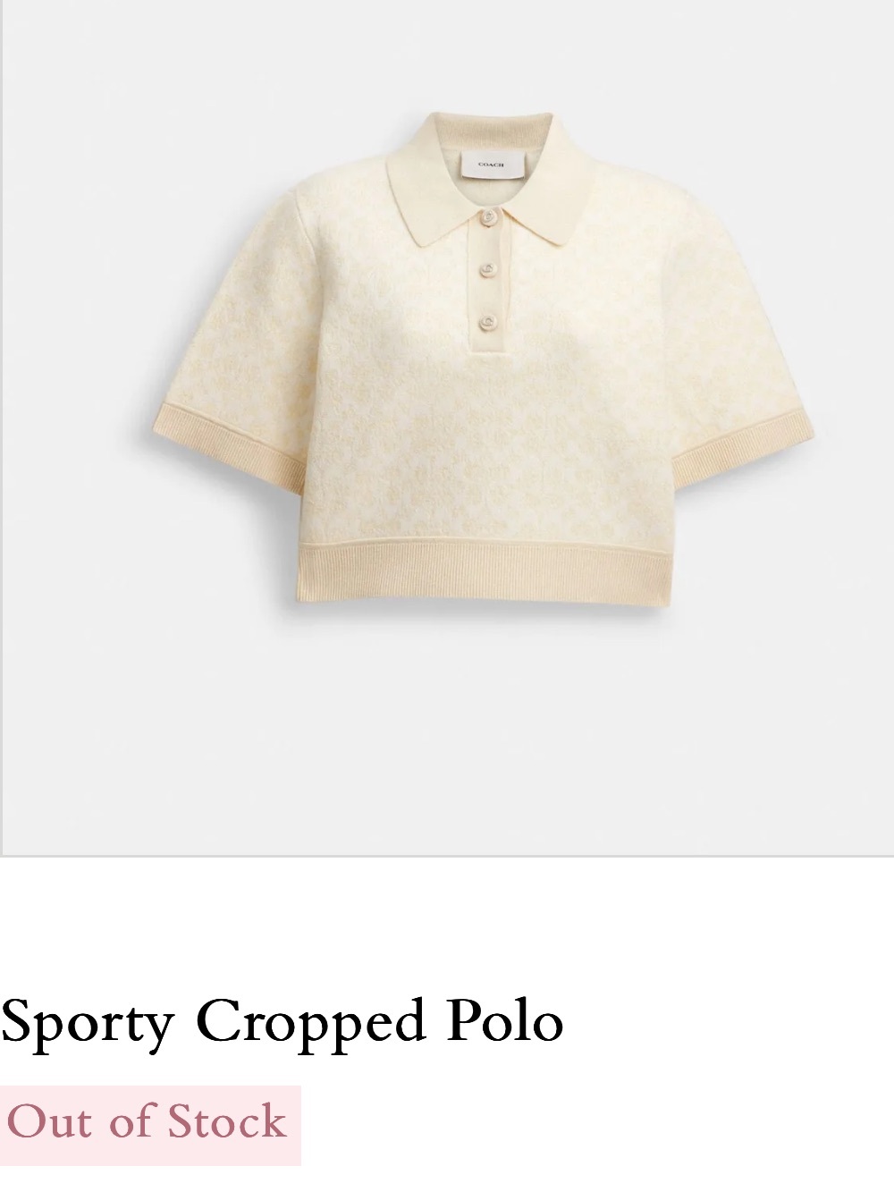 NWOT Coach Sporty Cropped Polo in Soft Cream Cotton Blend Jacquard.